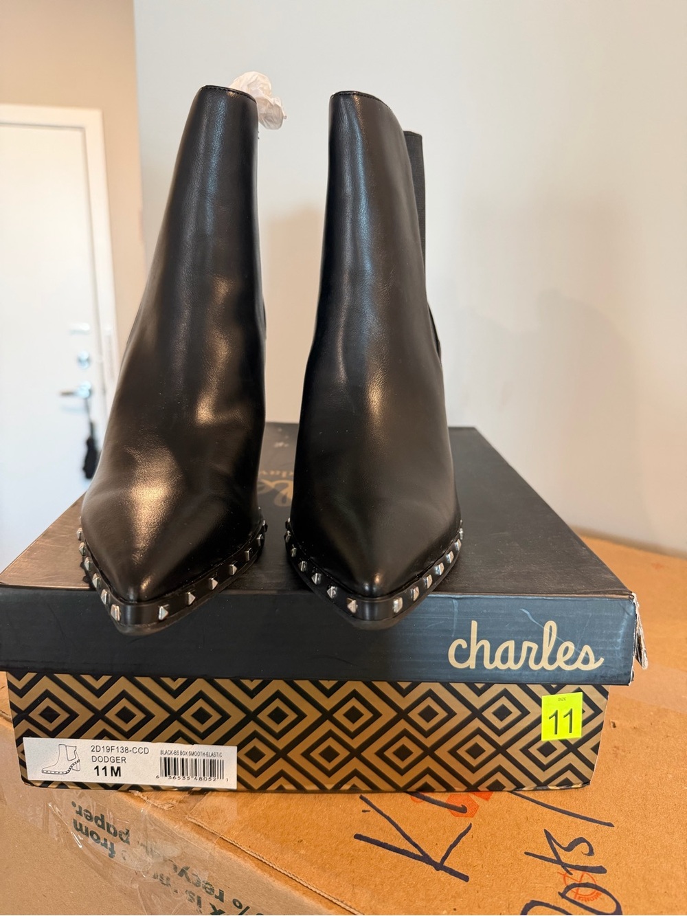 Charlies Black Leather Pointed-Toe Studded Ankle Booties